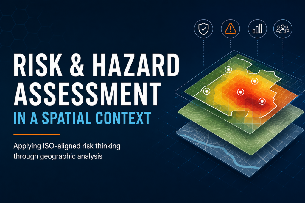 ALT TEXT Spatial risk and hazard assessment graphic showing layered geographic analysis and ISO-aligned spatial risk workflows.